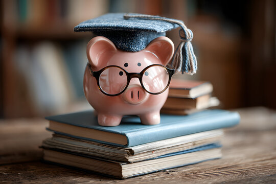 Piggy bank with graduation cap and glasses on stack of books, student loan savings education budget, academic financial literacy, scholarship tuition planning, money saving for college funds