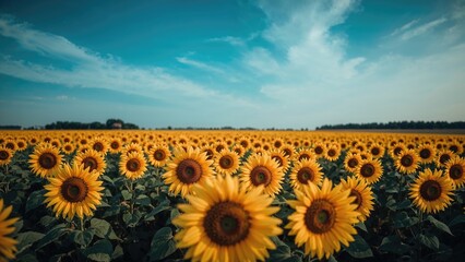 Golden sunflowers bloom in vast numbers reaching the horizon.