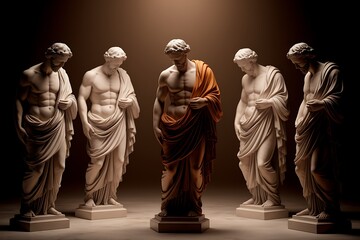 A Grouping of Five Classical Greek Marble Statues in Dramatic Lighting