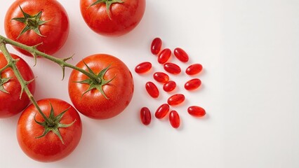 Fresh red tomatoes positioned next to red vitamin gummies on a white background. Idea of trace elements and nutrients for seasonal health.