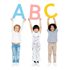 Obraz premium Diverse kids png sticker, learning ABC, education design in transparent background