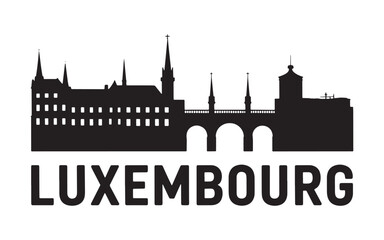 Fototapeta premium Luxembourg Skyline Silhouette Featuring Landmark Buildings and Arched Bridge Against White Backdrop, with Bold Text Emphasizing Luxembourg