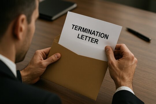 Termination Letter: A man holding a termination letter in an envelope. The image reflects the challenging situation of job loss and the complexities of professional life.