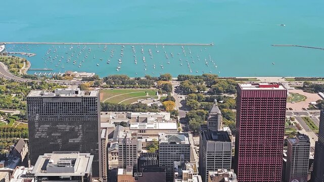 Aerial View of Chicago Skyscrapers and Lake Michigan Marina