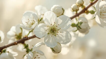 Obraz premium Detailed view of pear tree white flowers highlighted by selective backlight on a dreamy blurred background.