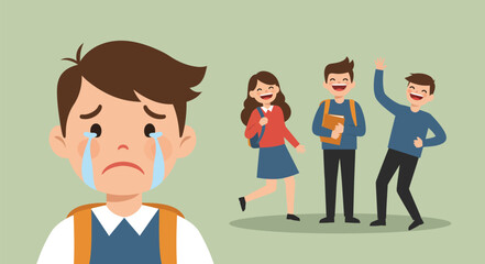 Fototapeta premium A sad boy with tears on his face stands apart while other happy students laugh and celebrate together in the background.