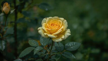 Yellow rose flower blooming in garden with green leaves and blurred background featuring other rose buds and foliage.