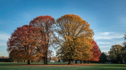 Naklejka premium Residential area and open fields featuring charming trees and glowing lightposts