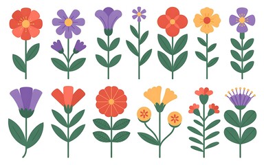 Fototapeta premium Cheerful Botanical Vector Art Bright and Playful Flowers with Stems and Leaves Graphic Design Whimsical Decorative Floral Elements
