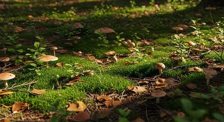 Serene forest floor covered in green moss, fungi, dried leaves, and twigs, illuminated by filtered sunlight in a calm and undisturbed woodland ecosystem