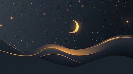 Night sky with crescent moon and golden waves