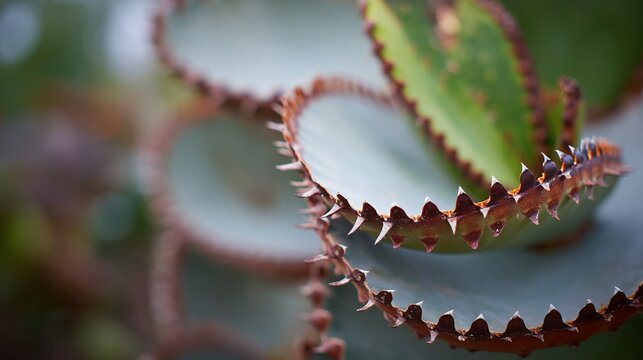 zoom of a cactus leaf with spiny edges, waxy surface, and desert-adapted structure cactus leaf close-up, spiny edge detail, waxy desert plant, succulent leaf texture, drought adaptation illustration, 