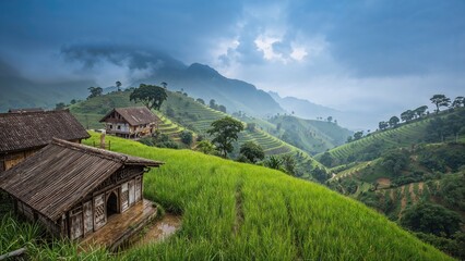 Elevated perspective showcasing terraced rice paddies and rural homes