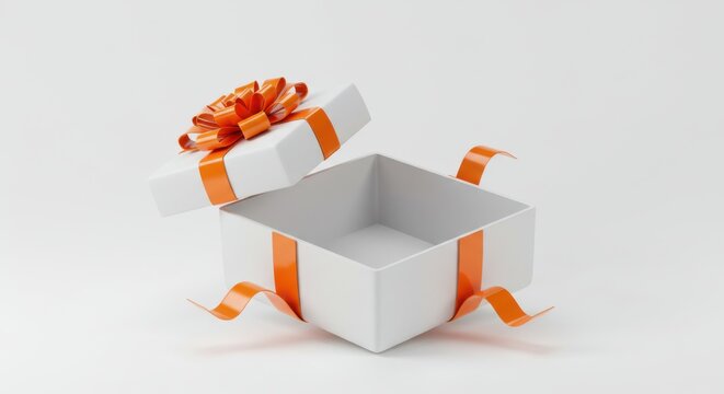 Open white gift box with orange ribbon and bow on a white background