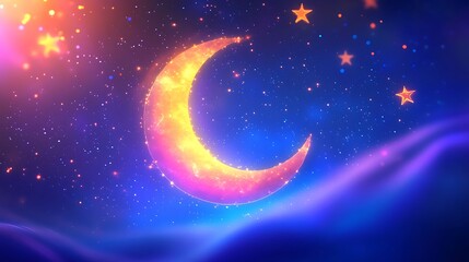 Night sky with glowing crescent moon