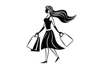 A stylized silhouette of a woman carrying shopping bags, long flowing hair, detailed dress, minimalist design, elegant, black and white, high contrast, digital art, vector illustration