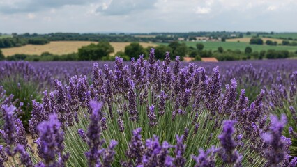 Gorgeous purple Lavender blooming amidst rustic rural fields
