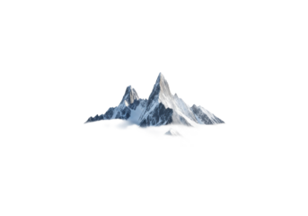 Majestic snow-capped mountain range with sharp peaks emerging from ethereal white clouds, isolated on a clean white background with ample copy space, bright studio lighting, shadowless, conveying