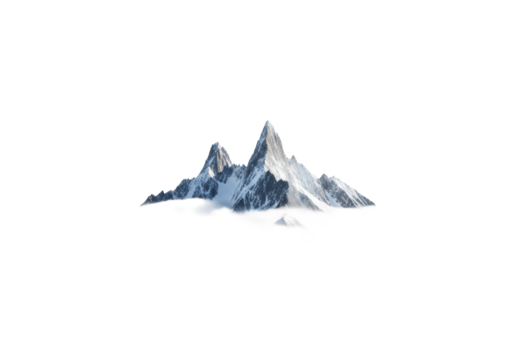 Majestic snow-capped mountain range with sharp peaks emerging from ethereal white clouds, isolated on a clean white background with ample copy space, bright studio lighting, shadowless, conveying