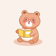 Cute cartoon bear reading book with glasses illustration