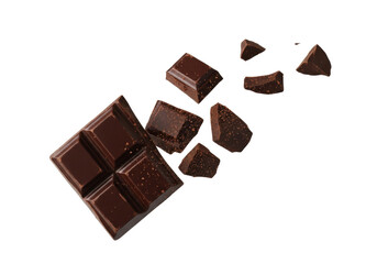 Fototapeta premium Irregularly broken artisanal dark chocolate pieces and fine dust, dynamically frozen mid-air against a pristine transparent background, showcasing rich quality and allure