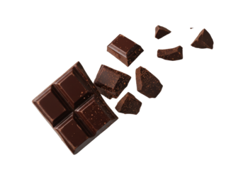 Irregularly broken artisanal dark chocolate pieces and fine dust, dynamically frozen mid-air against a pristine transparent background, showcasing rich quality and allure
