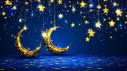 Night sky with golden moons and stars
