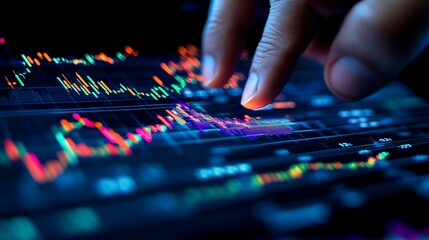 Fingers analyze colorful stock market data on a digital display