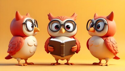 Fototapeta premium 3D Cartoon Wise Owls Reading