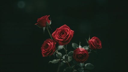 Elegant natural setting with withered red roses on a deep shadowy background
