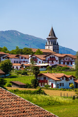 Bell Tower of Notre-Dame-de-l’Assomption Overlooking Traditional Basque Houses in Ainhoa