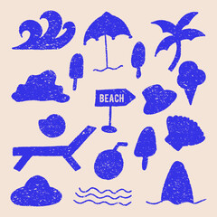 Summer Beach Silhouette Icons, Flat Vector Vacation Doodles, Travel and Relaxation Symbol Collection for Holiday Designs