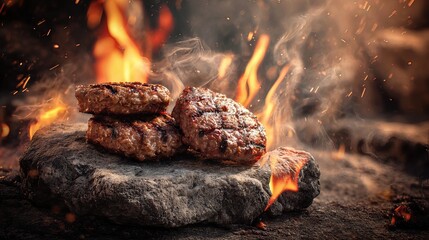 grilled meat patties served on a rocky stone slab plate. aspect ratio 16:9