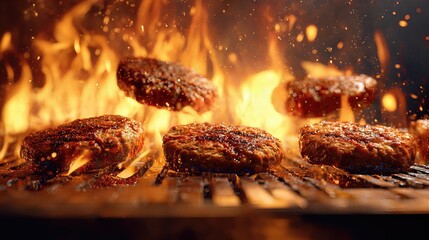 grilled meat patties being cooked on a flaming grill . aspect ratio 16:9