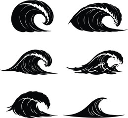 Naklejka premium Set of six black wave silhouettes isolated on white background