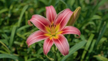 Lovely pink lily flourishing in a verdant garden setting