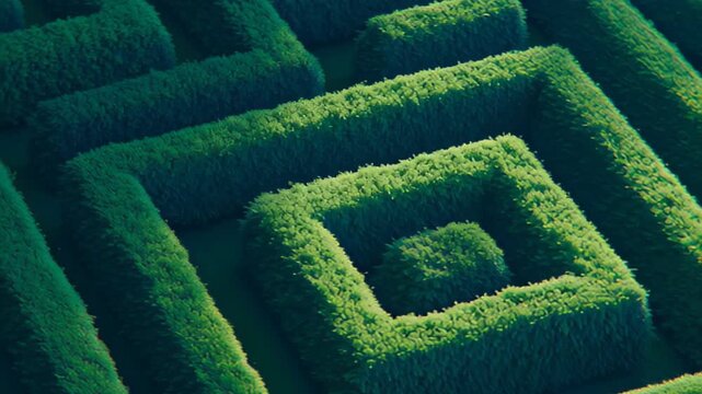 Intricate maze design features lush greenery, creating mesmerizing pattern of squares