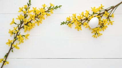Easter arrangement with eggs on a forsythia branch over white wooden boards