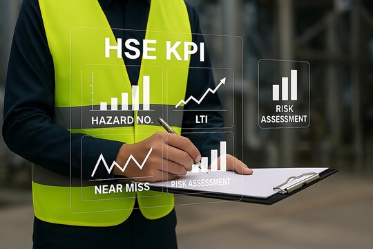 HSE safety officer doing risk assessment, close-up shot with EHS infographics.