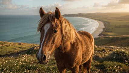 Obraz premium Gorgeous equine pony by the seaside at dawn