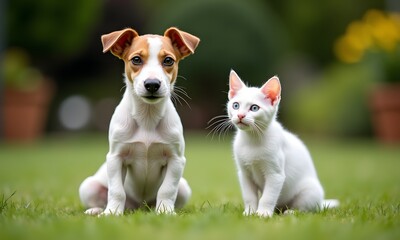Adorable Puppy and Kitten Friends Relaxing Together in a Peaceful Garden Setting