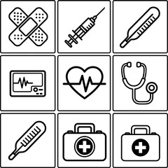Outline Black and White Medical Equipment Collection Icon Set