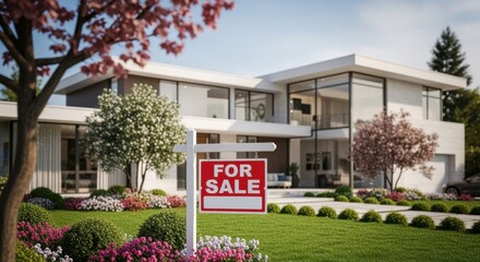 Residential investment opportunity shown by modern home with for sale sign and landscaped yard.