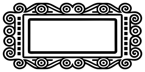 Discover an elegant rectangular border featuring spiraled floral motifs and a captivating maze-like geometric design in matte black on transparency, silhouette
