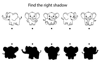 Cartoon elephants in various poses are illustrated in a playful style, showcasing their unique features and expressions, perfect for children's educational materials and activities