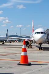Aviation in Perspective: An eye-level shot features an aircraft on the tarmac, and a traffic cone in the foreground, with an airplane, showcasing precision and the dynamics of air travel.