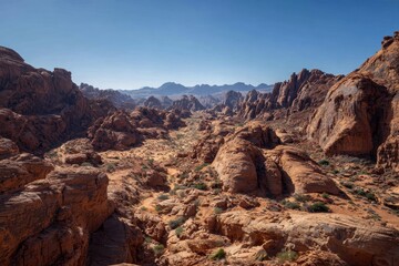 Fototapeta premium Wide desert landscape with rock formations under a clear sky on a bright sunny day
