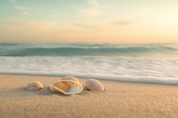Obraz premium A shell is laying on the beach next to the ocean