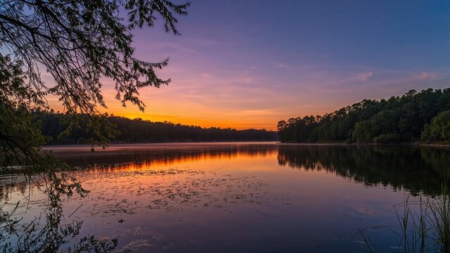 Gorgeous evening sky above the forest pond