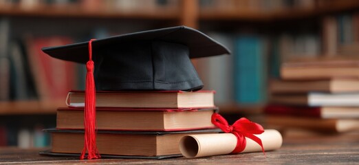 Black graduation cap with red ribbon and diploma on a stack of books, close-up view, blurred background Space for text copy space banner Generative AI